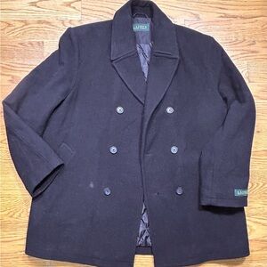 Lauren Ralph Lauren Wool-Blend Pea Coat 48R Black Quilted Lined Double-Breasted